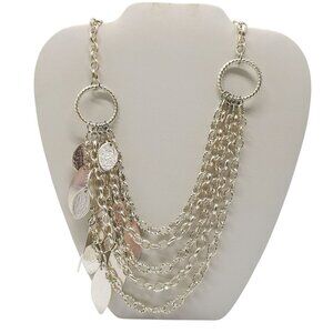 Multi Layer Silver Tone Statement Necklace With Chain Links Textured Leaf Charms